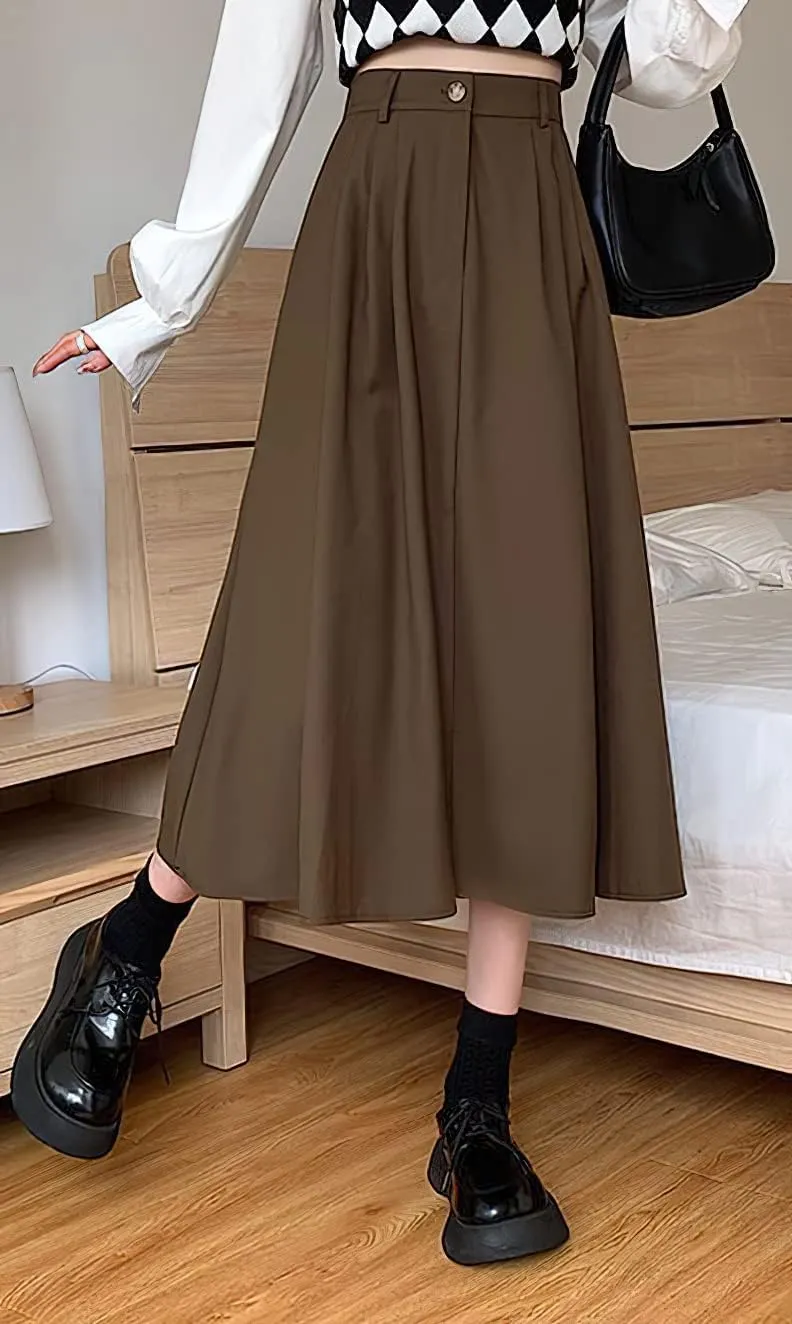 loveimgs Women's Summer Pleated Elastic High Waist Midi Skirt Vintage Flowy Zipper Long A Line Skirt with Pockets