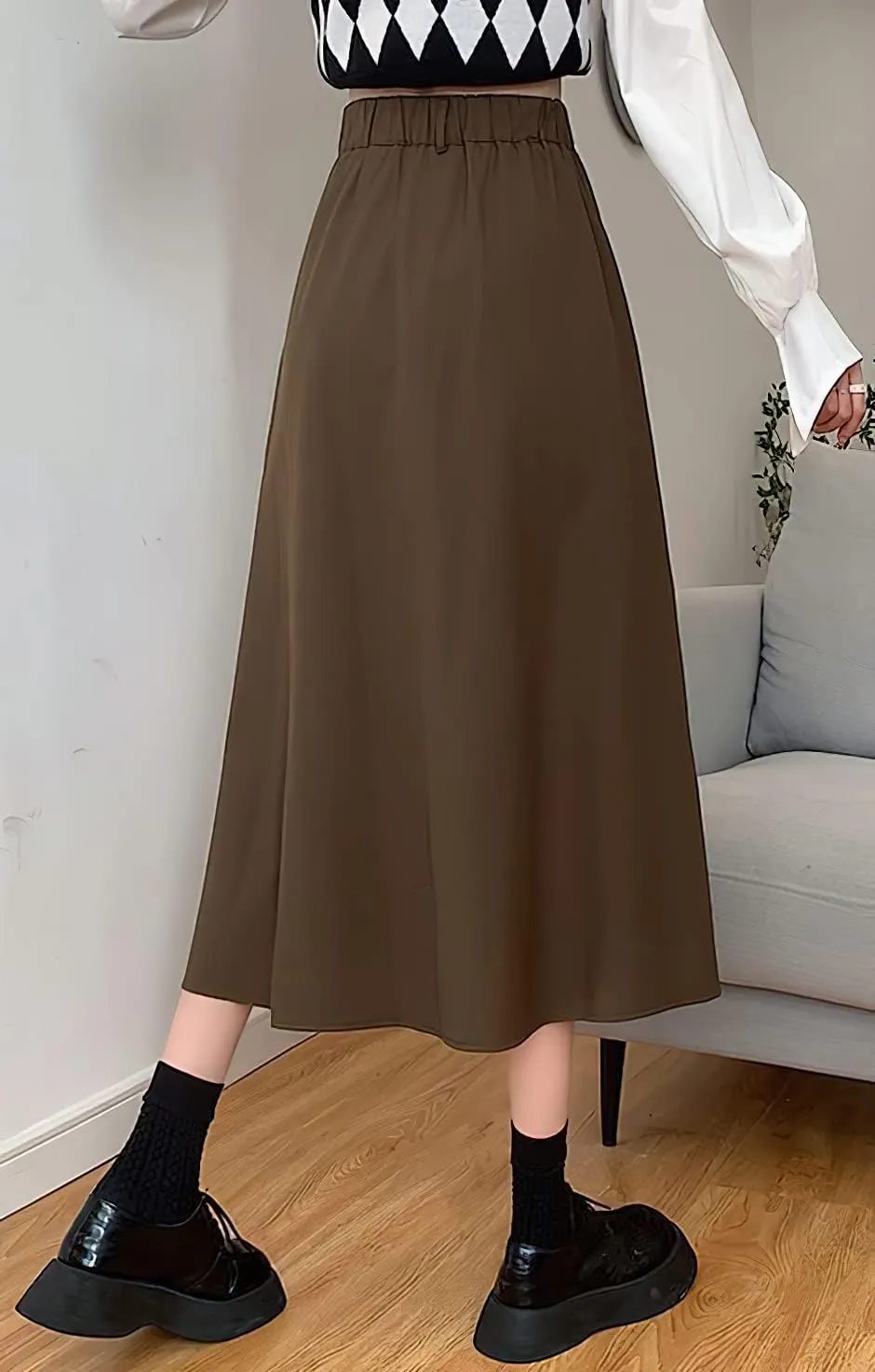 loveimgs Women's Summer Pleated Elastic High Waist Midi Skirt Vintage Flowy Zipper Long A Line Skirt with Pockets