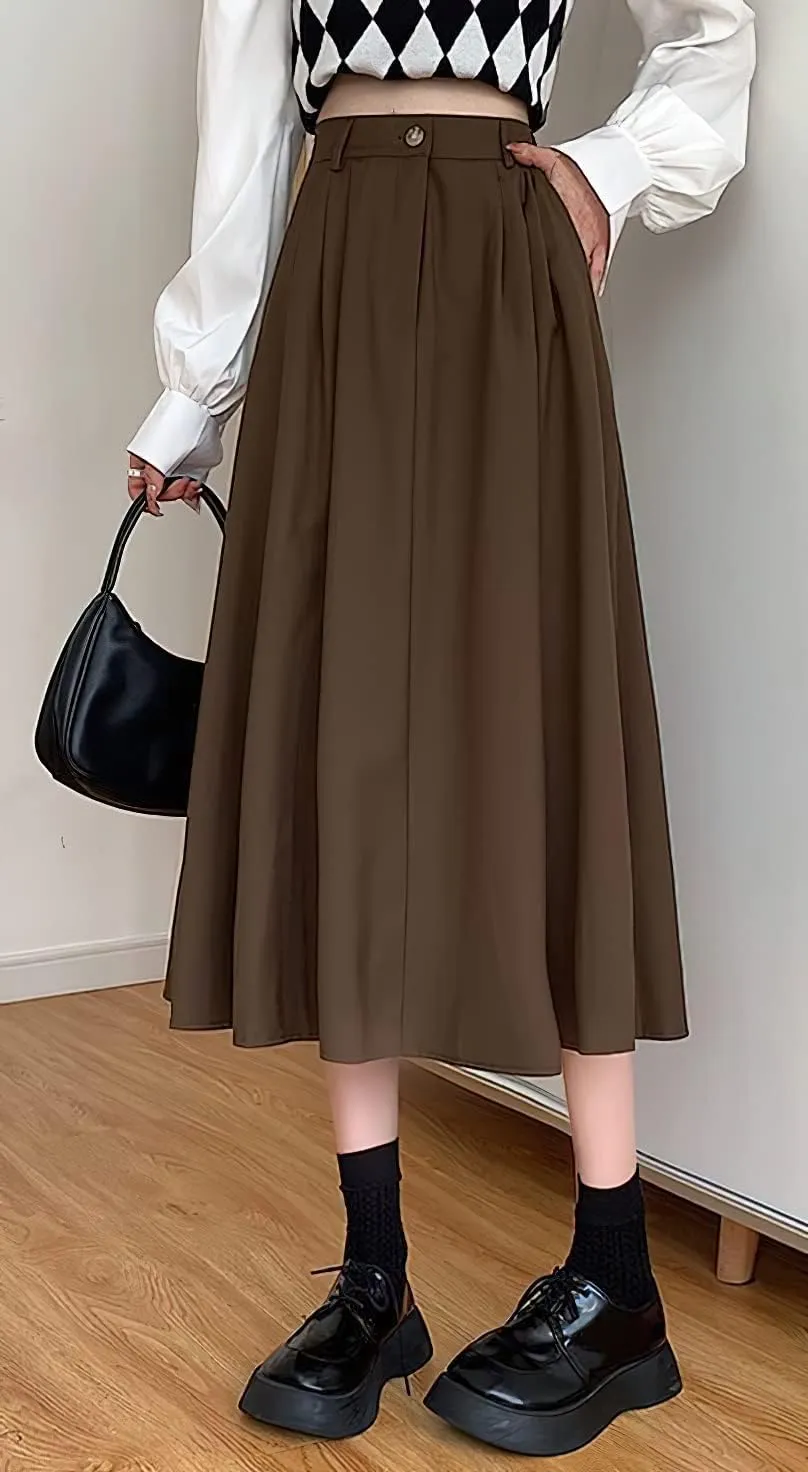 loveimgs Women's Summer Pleated Elastic High Waist Midi Skirt Vintage Flowy Zipper Long A Line Skirt with Pockets