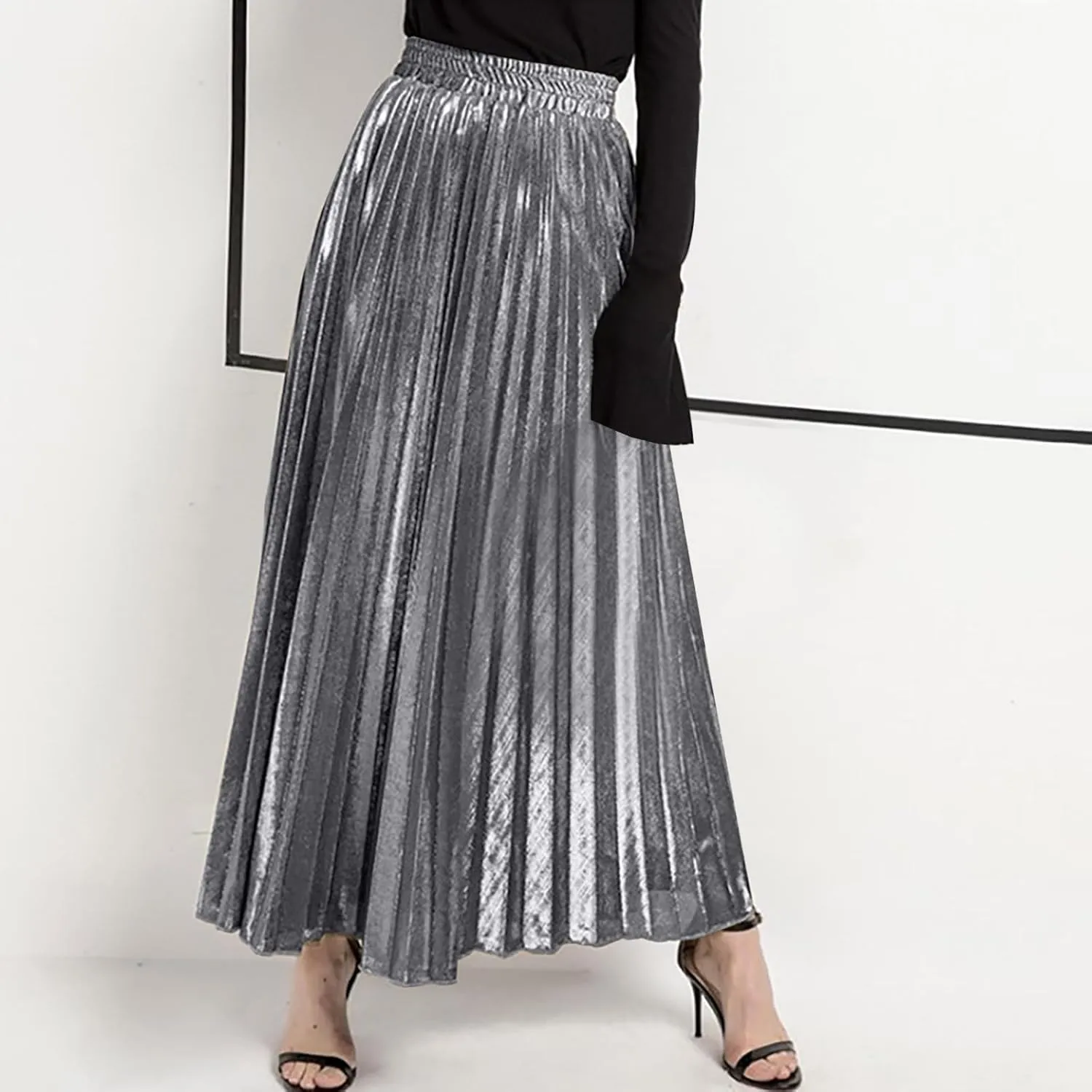 Lpmadey Womens Pleated Midi Skirt, High Waist Swing A-line Skirt Casual Metallic Shiny Accordion Pleated Elastic Long Skirts