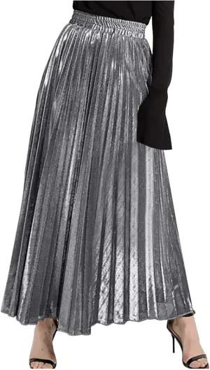 Lpmadey Womens Pleated Midi Skirt, High Waist Swing A-line Skirt Casual Metallic Shiny Accordion Pleated Elastic Long Skirts