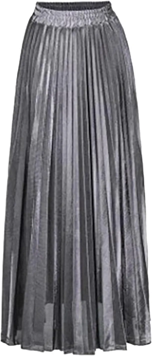 Lpmadey Womens Pleated Midi Skirt, High Waist Swing A-line Skirt Casual Metallic Shiny Accordion Pleated Elastic Long Skirts