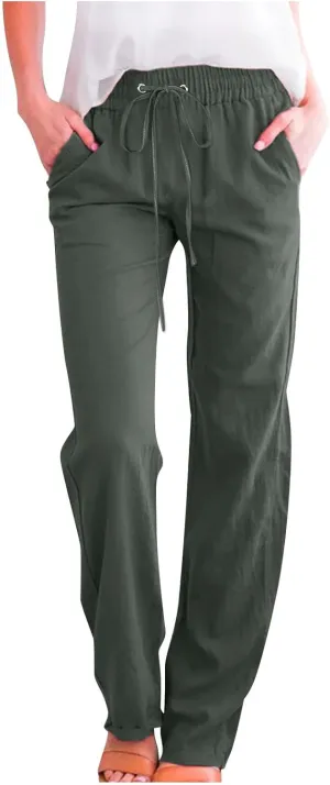 LRMQS Womens Casual Linen Pants 2024 Spring Drawstring Elastic Waist Trousers with Pockets Lounge Fashion Vacation Clothing
