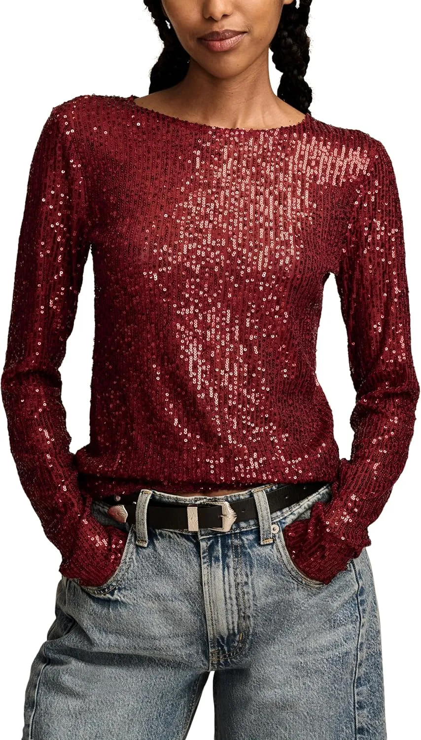 Lucky Brand Women's Sequin Long Sleeve Layering Top