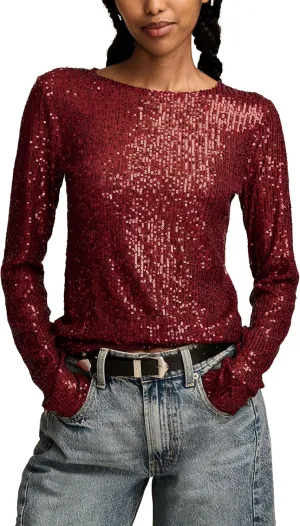 Lucky Brand Women's Sequin Long Sleeve Layering Top