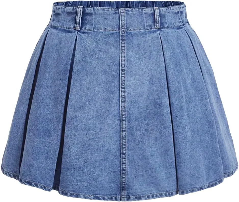 MakeMeChic Women's Plus Size Jean Skirt Pleated Y2k High Waisted Denim Pleated Mini Skirts
