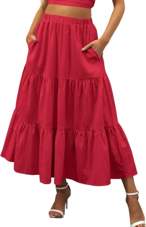 Maxi Skirts for Women Pleated Long Midi Skirt with Pockets Casual Summer High Waisted Flowy Trendy Boho A Line Skirts