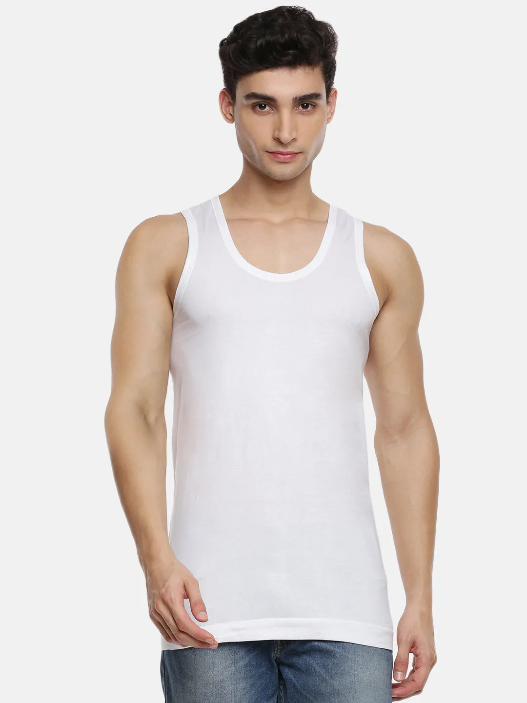 Men Fine Cotton White Banian RN Sukra Value Pack (4 PCs Pack)