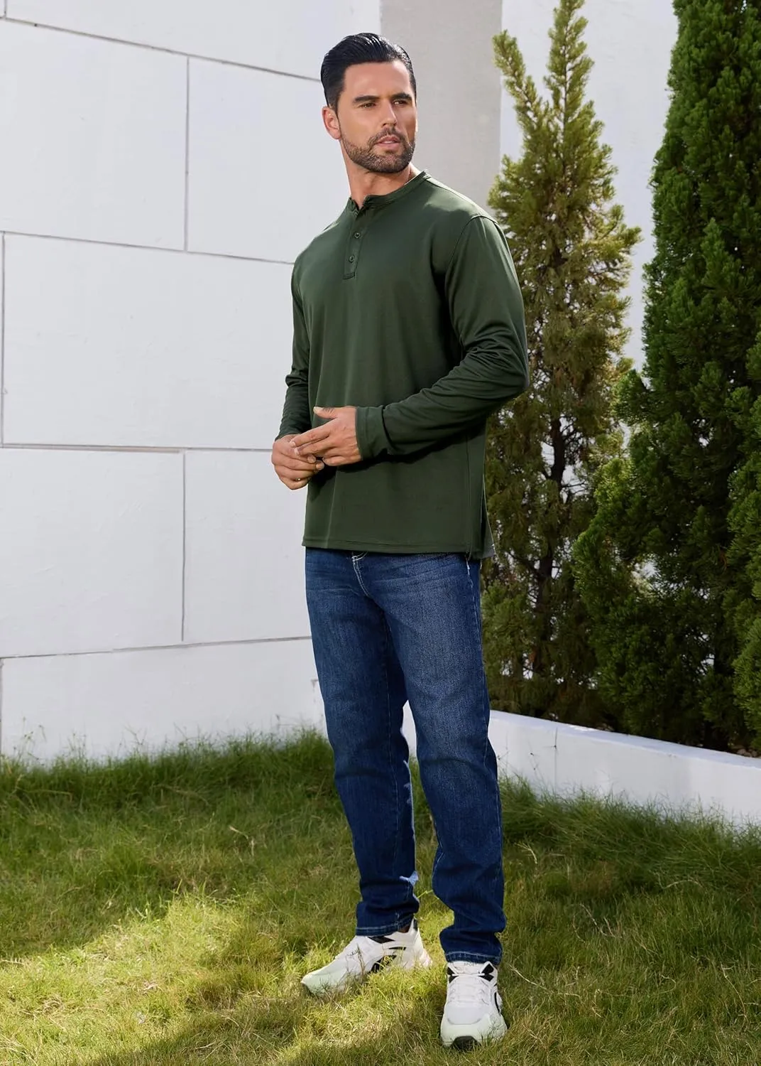Men Henley Shirts Long Sleeve Polo Shirt Basic Tee Casual T-Shirt Button Collared Lightweight Quick Dry Top
