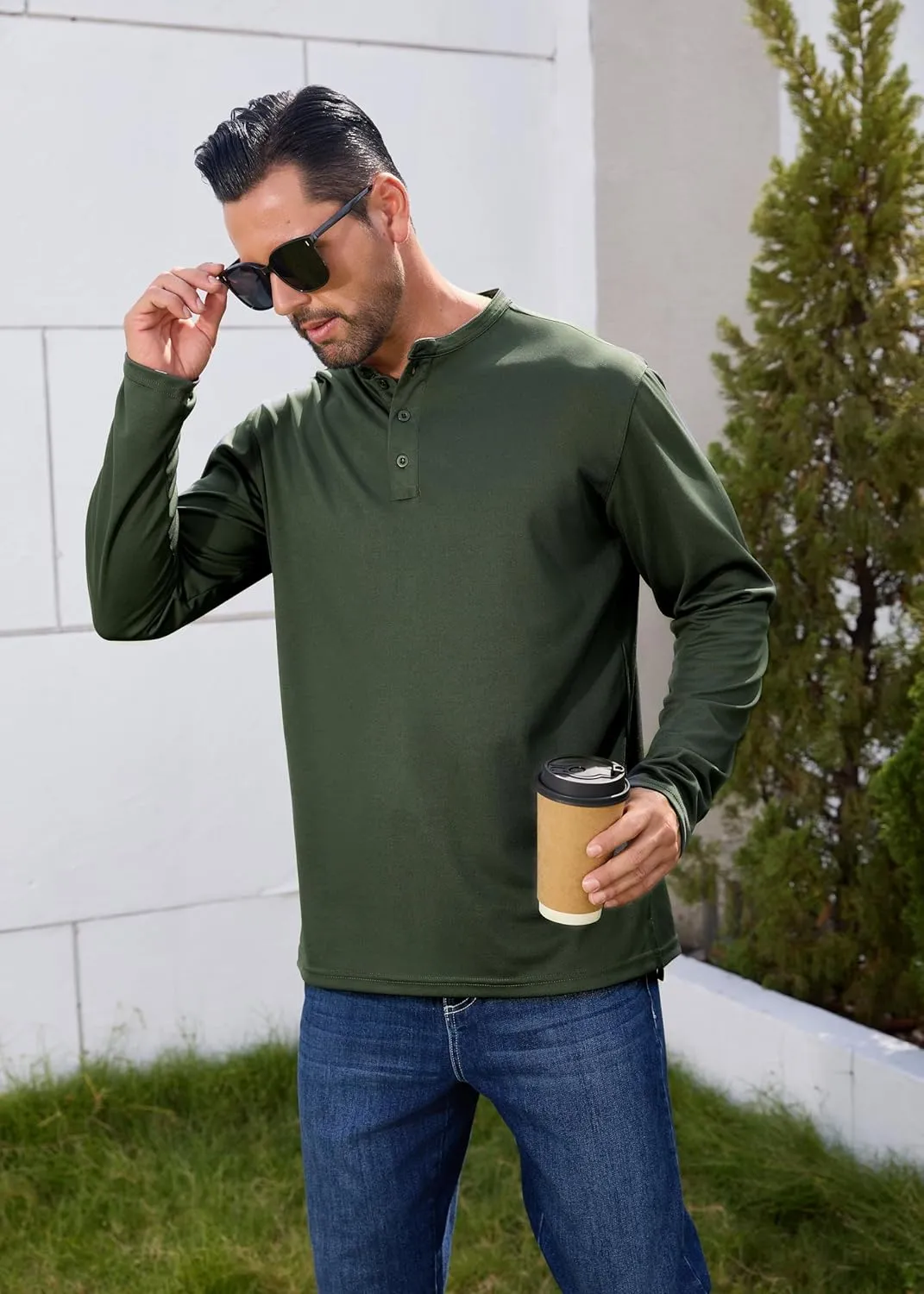 Men Henley Shirts Long Sleeve Polo Shirt Basic Tee Casual T-Shirt Button Collared Lightweight Quick Dry Top