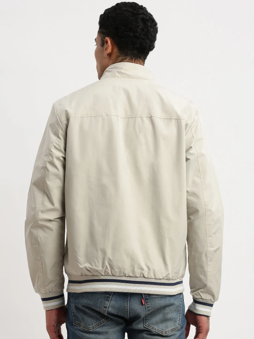 Men Mock Collar Cream Solid Reversible Bomber Jacket