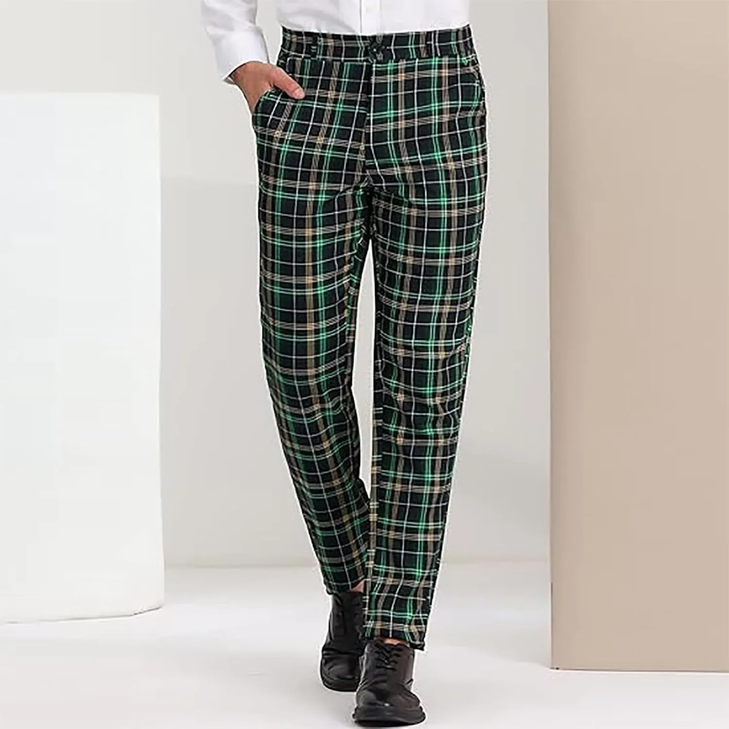 Men Plaid Dress Pants Slim Fit Flat Front Elastic Waistband Suit Trouser Wrinkle Free Chino Pants for Office Business