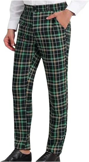 Men Plaid Dress Pants Slim Fit Flat Front Elastic Waistband Suit Trouser Wrinkle Free Chino Pants for Office Business