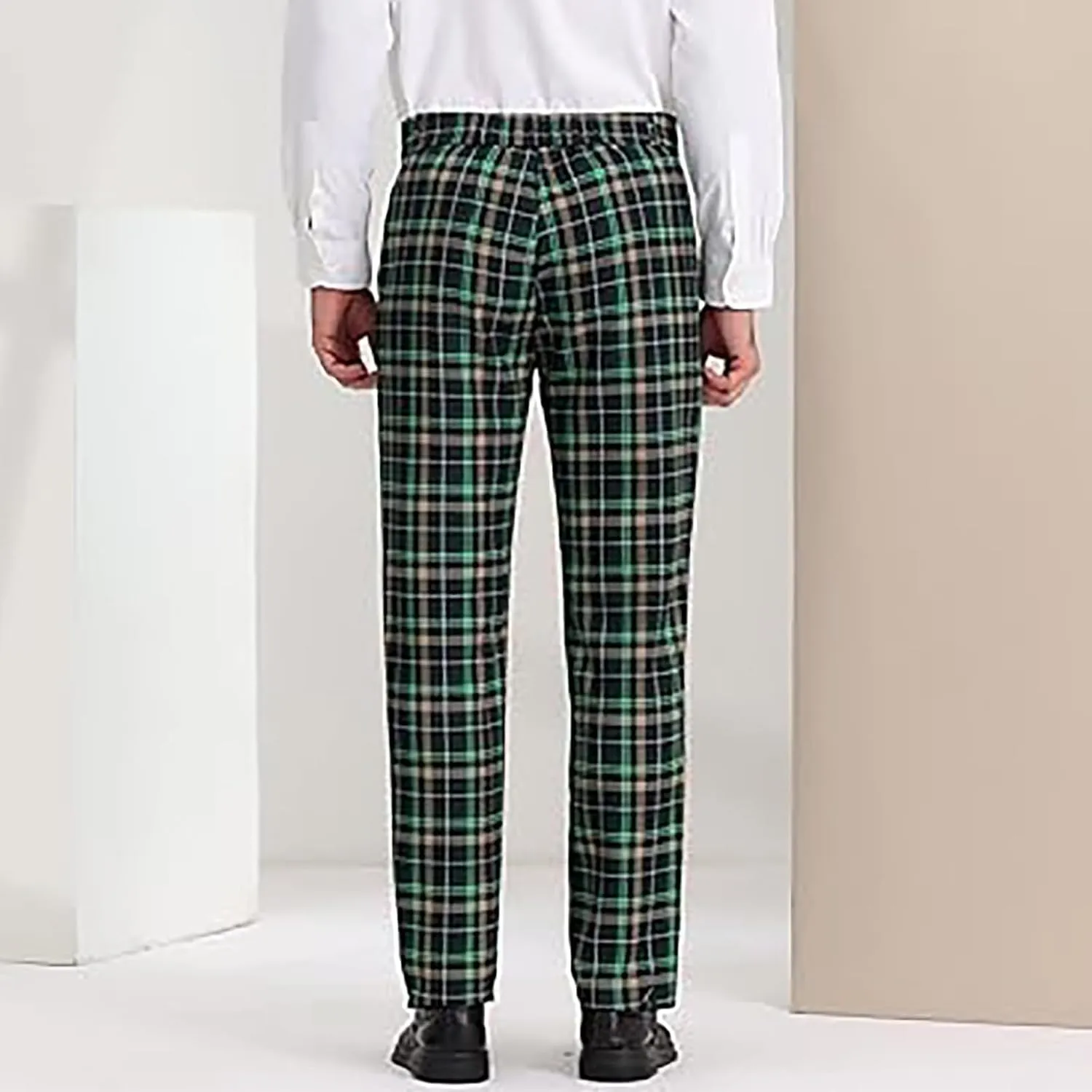 Men Plaid Dress Pants Slim Fit Flat Front Elastic Waistband Suit Trouser Wrinkle Free Chino Pants for Office Business