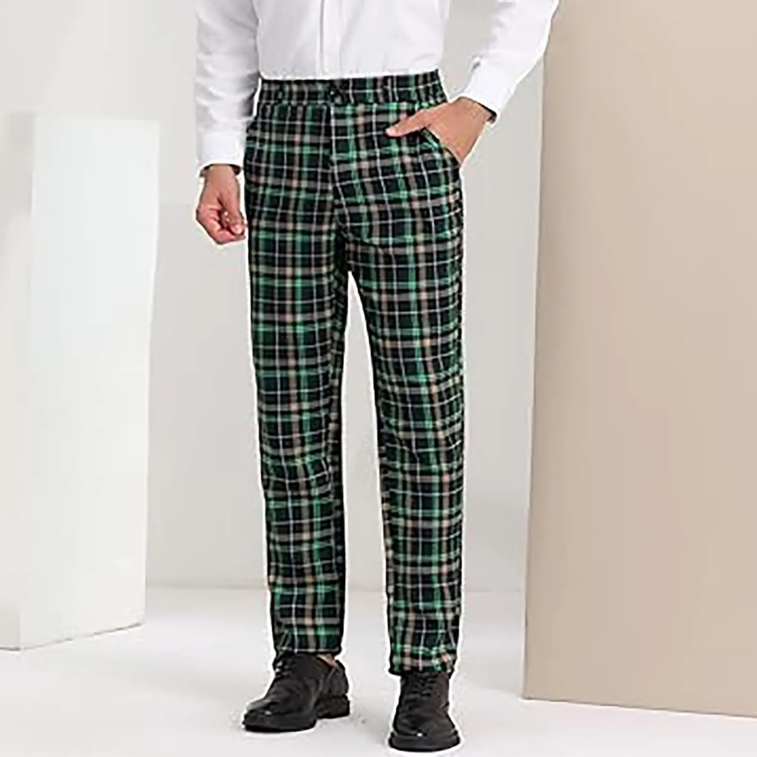Men Plaid Dress Pants Slim Fit Flat Front Elastic Waistband Suit Trouser Wrinkle Free Chino Pants for Office Business