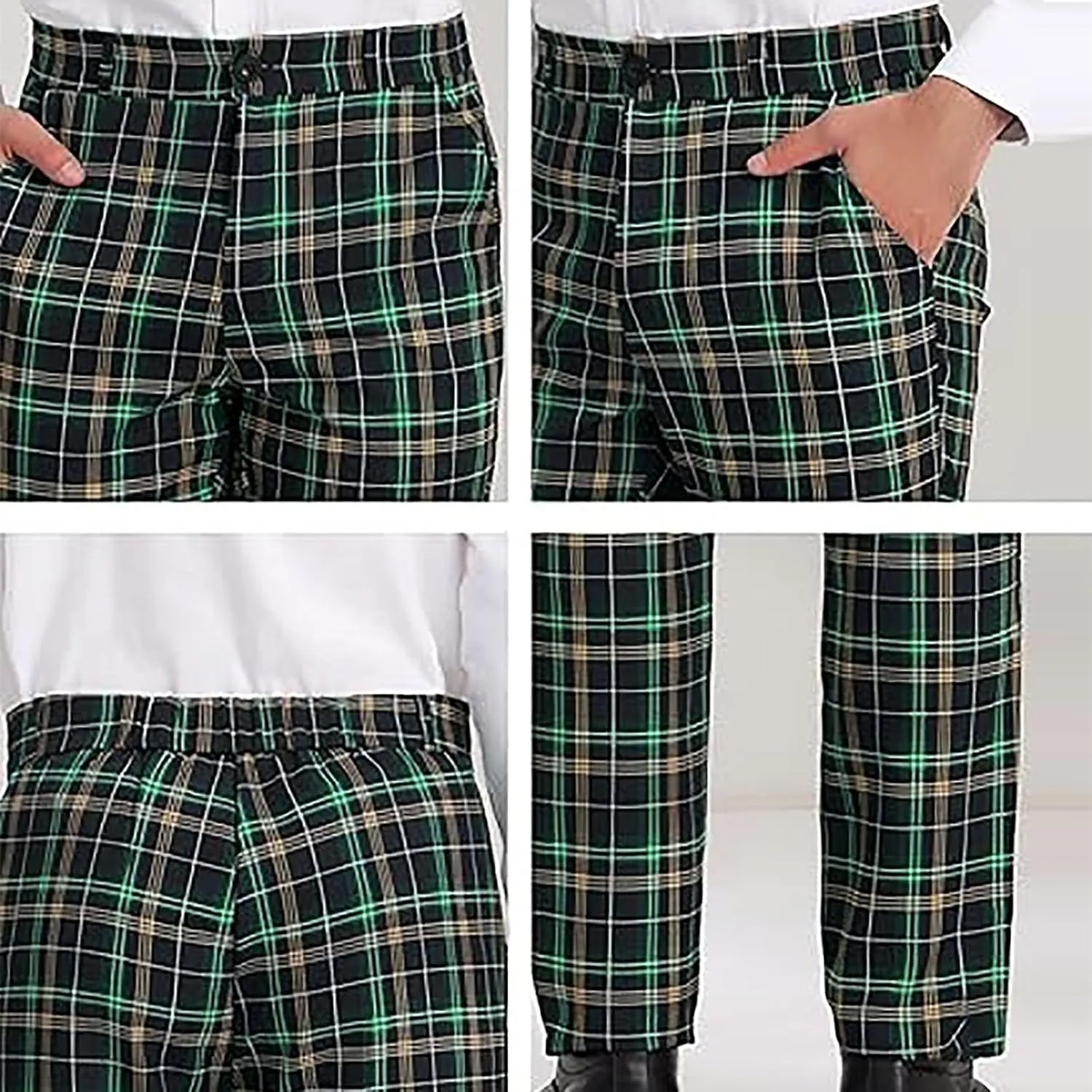 Men Plaid Dress Pants Slim Fit Flat Front Elastic Waistband Suit Trouser Wrinkle Free Chino Pants for Office Business