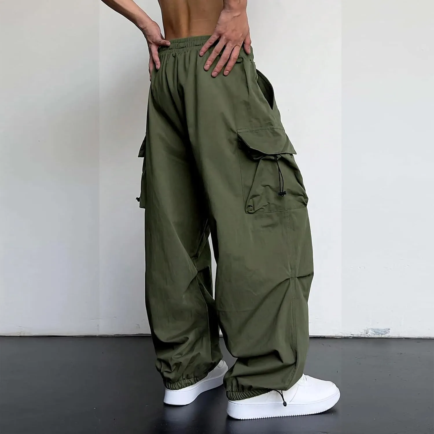 Men's Baggy Cargo Pants Trendy Casual Pants, Loose Fit Drawstring Rope Cargo Joggers with Pockets Streetwear