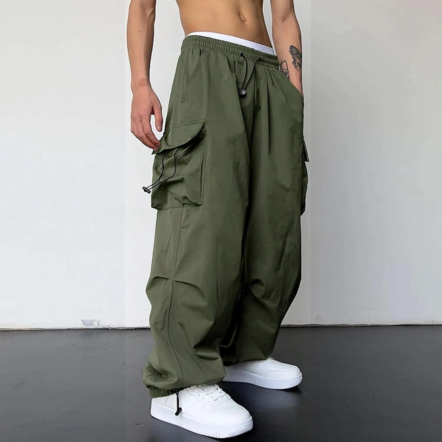 Men's Baggy Cargo Pants Trendy Casual Pants, Loose Fit Drawstring Rope Cargo Joggers with Pockets Streetwear