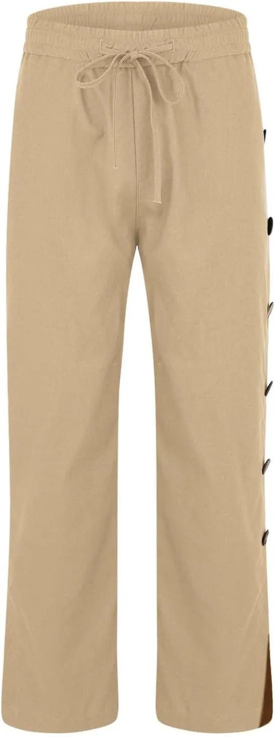 Mens Beach Linen Pants Lightweight Loose Casual Pants Side Button Drawstring Trousers Outdoor Vacation Summer Slacks