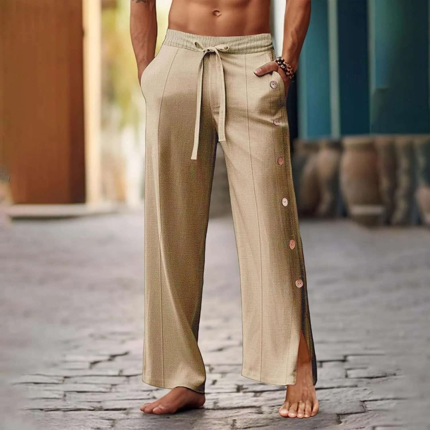 Mens Beach Linen Pants Lightweight Loose Casual Pants Side Button Drawstring Trousers Outdoor Vacation Summer Slacks