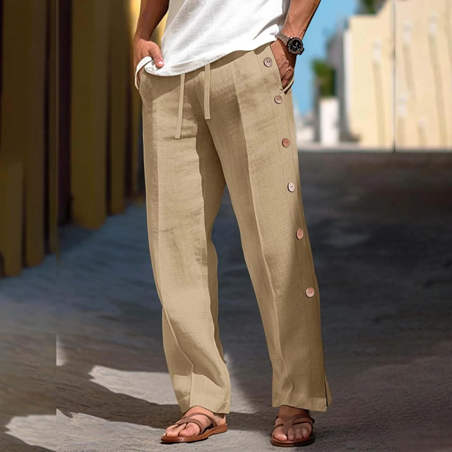 Mens Beach Linen Pants Lightweight Loose Casual Pants Side Button Drawstring Trousers Outdoor Vacation Summer Slacks