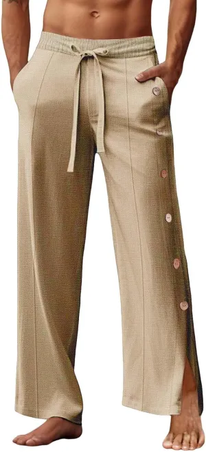 Mens Beach Linen Pants Lightweight Loose Casual Pants Side Button Drawstring Trousers Outdoor Vacation Summer Slacks