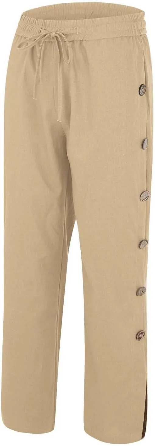 Mens Beach Linen Pants Lightweight Loose Casual Pants Side Button Drawstring Trousers Outdoor Vacation Summer Slacks