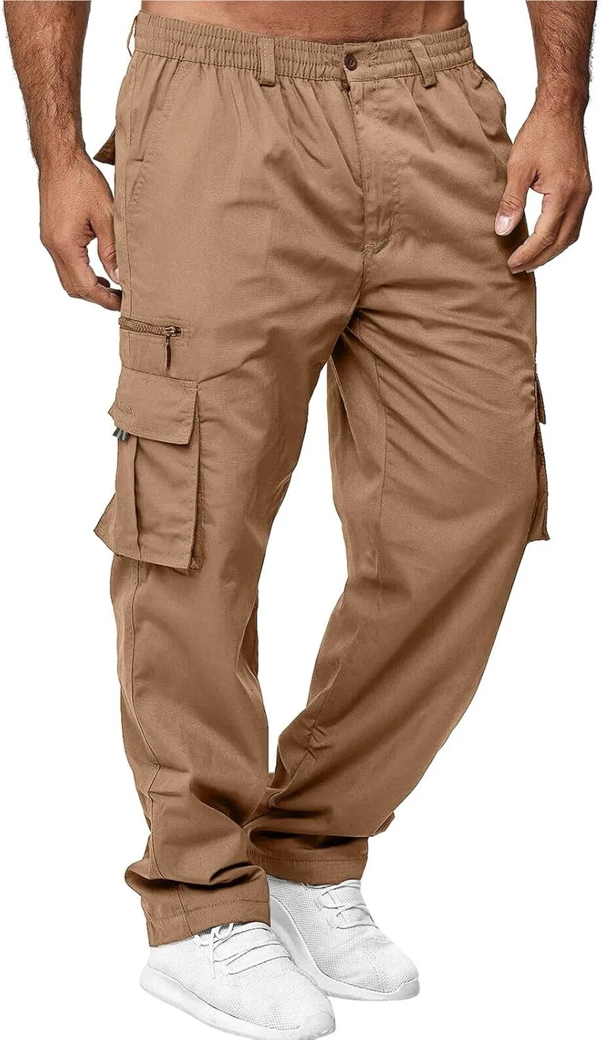 Mens Cargo Pants, Fleece Casual Cotton Jogger Multi Pockets Outdoor Sports Hiking Work Sweatpants, Capris Pants for Men