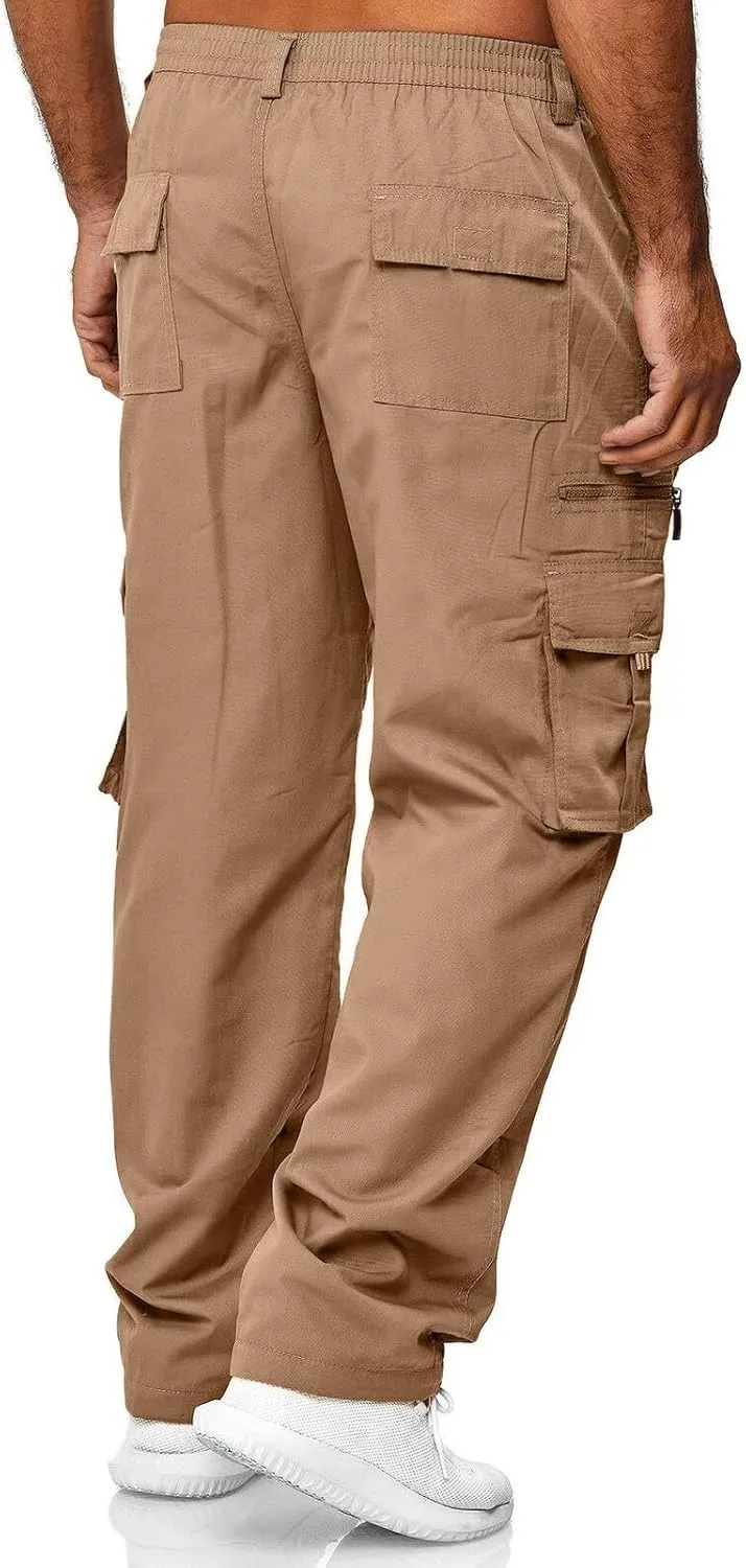 Men's Cargo Sweatpants Heavyweight Baggy Elastic Waist Athletic Jogger Pants Straight Leg Drawstring Trousers