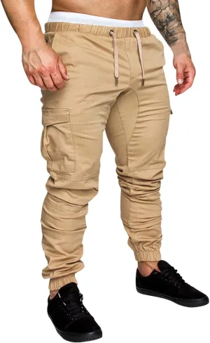 Mens Cargo Sweatpants Joggers Slim Fit Elastic Waist Athletic Pants with Pockets Workout Drawstring Trousers