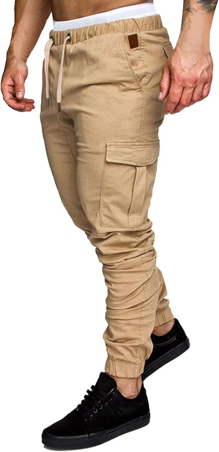 Mens Cargo Sweatpants Joggers Slim Fit Elastic Waist Athletic Pants with Pockets Workout Drawstring Trousers