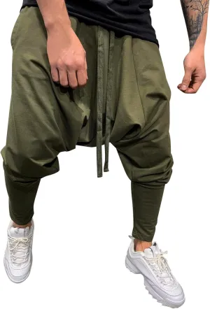 Mens Casual Cotton Harem Pants Streetwear Boho Hippie Drop Crotch Trousers for Men Lightweight Drawstring Yoga Pants