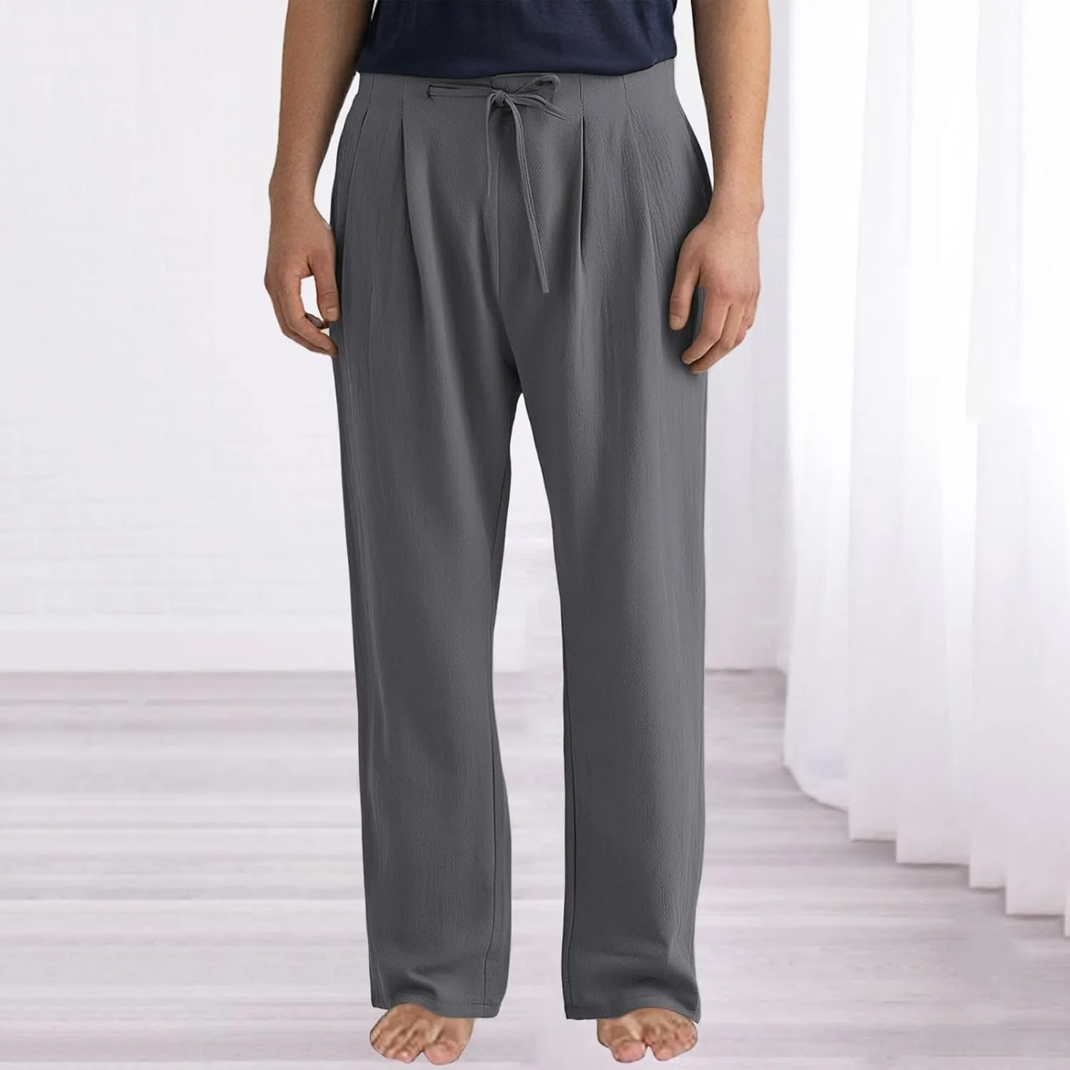 Mens Casual Linen Pants Plus Size Lightweight Beach Vacation Pants Solid Straight Slacks Drawstring Elastic Trousers