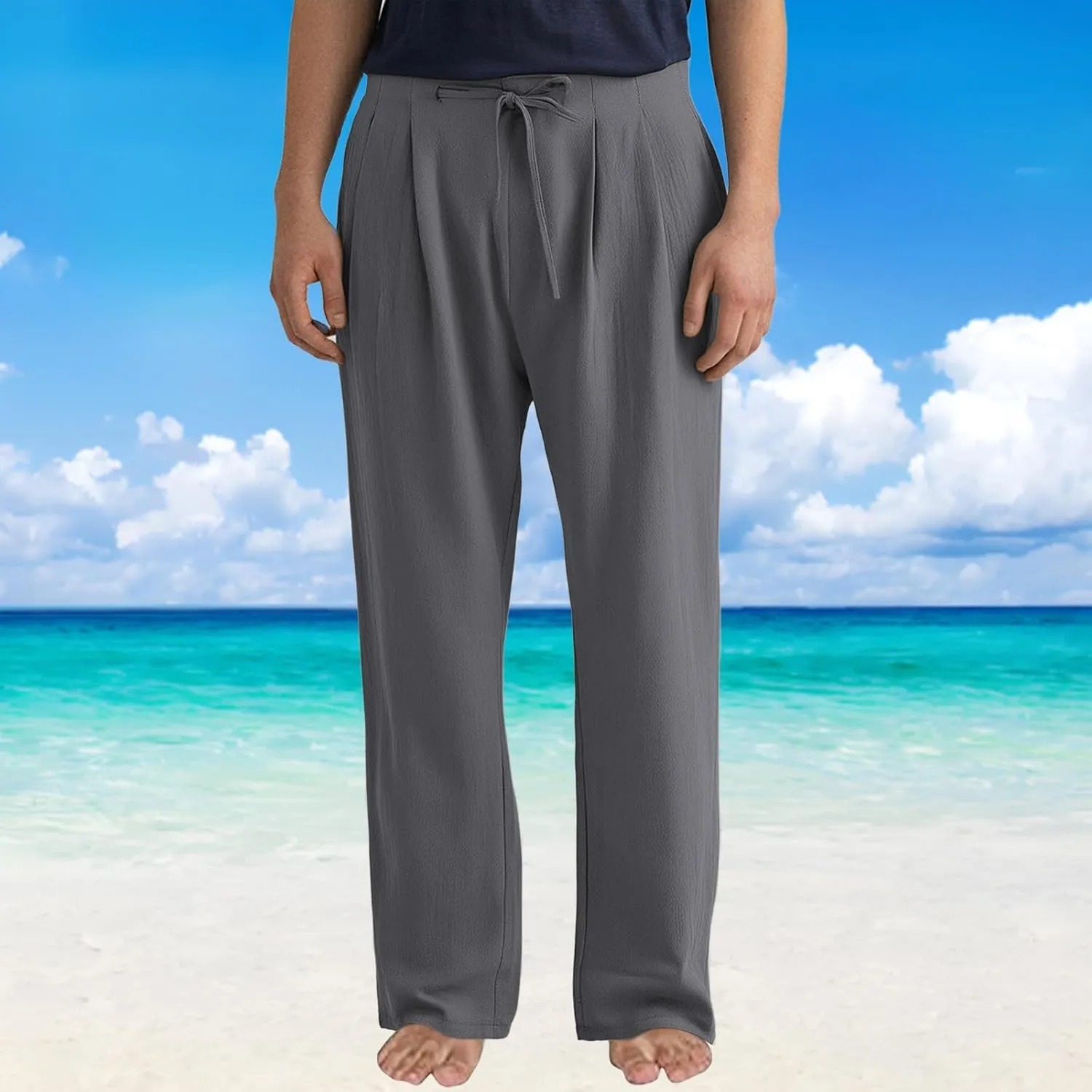 Mens Casual Linen Pants Plus Size Lightweight Beach Vacation Pants Solid Straight Slacks Drawstring Elastic Trousers