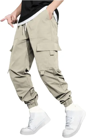 Men's Casual Work Pants with Drawstring Multi-Pocket Casual Straight Fit Pants