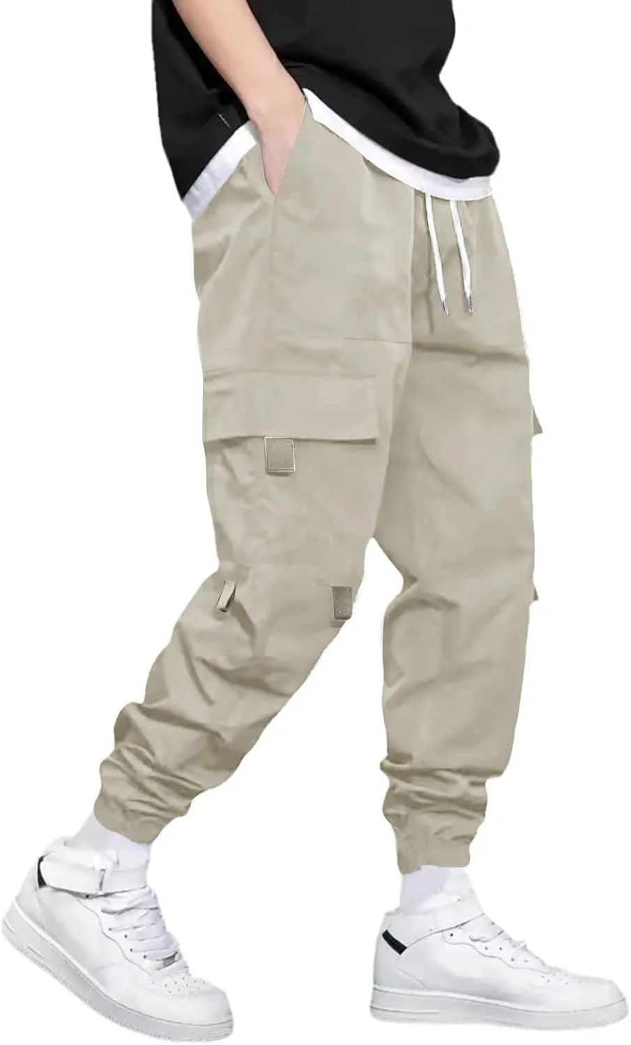 Men's Casual Work Pants with Drawstring Multi-Pocket Casual Straight Fit Pants
