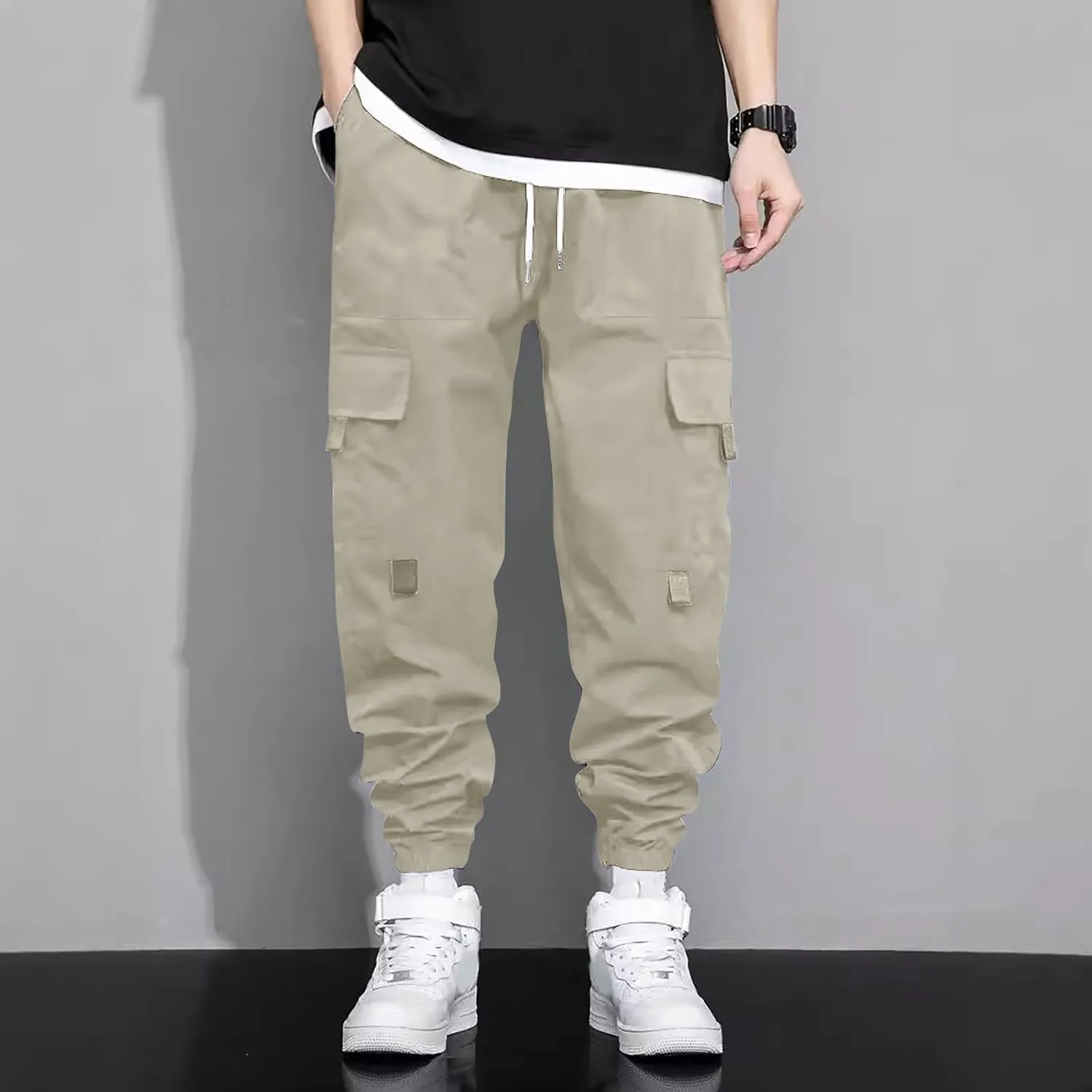 Men's Casual Work Pants with Drawstring Multi-Pocket Casual Straight Fit Pants