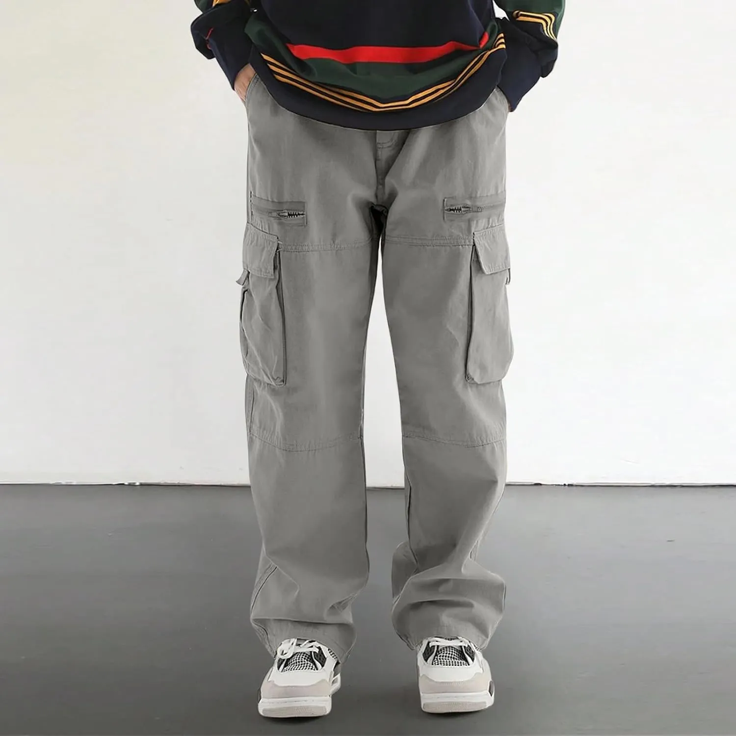 Men's Casual Work Pants with Drawstring Multi-Pocket Straight Loose Fit Pants