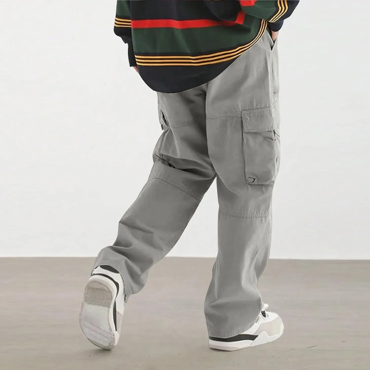 Men's Casual Work Pants with Drawstring Multi-Pocket Straight Loose Fit Pants