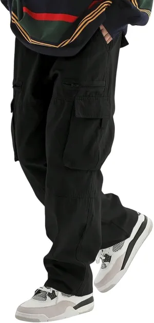 Men's Casual Work Pants with Drawstring Multi-Pocket Straight Loose Fit Pants