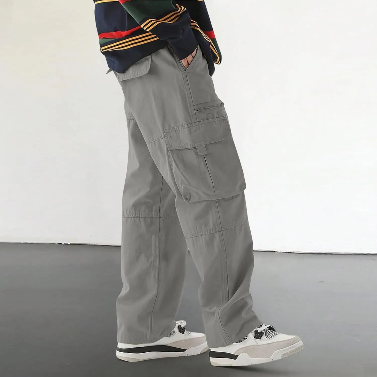 Men's Casual Work Pants with Drawstring Multi-Pocket Straight Loose Fit Pants