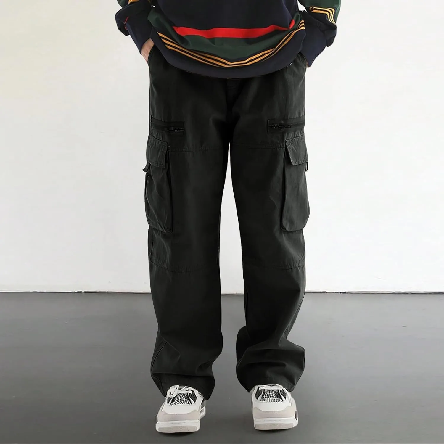 Men's Casual Work Pants with Drawstring Multi-Pocket Straight Loose Fit Pants