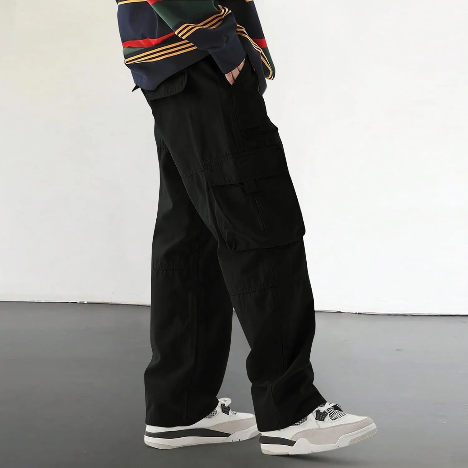 Men's Casual Work Pants with Drawstring Multi-Pocket Straight Loose Fit Pants