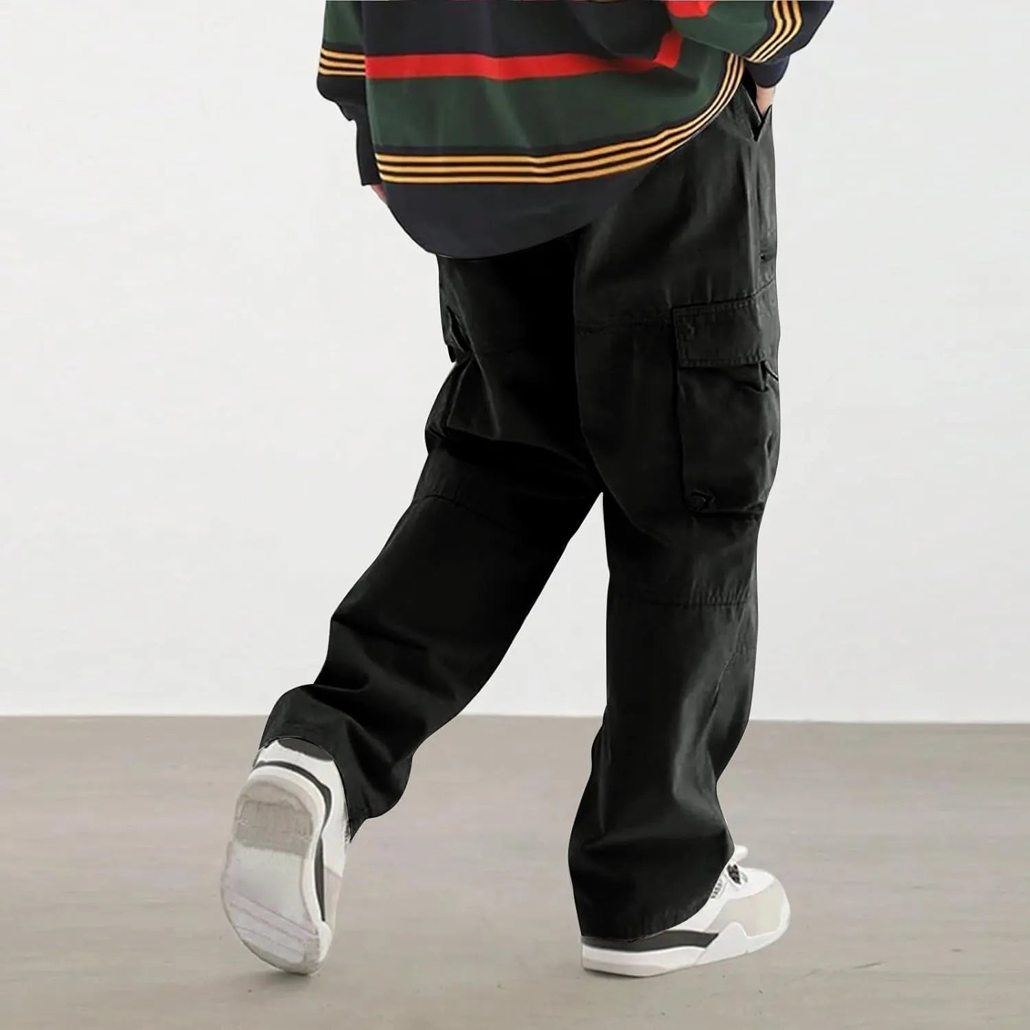 Men's Casual Work Pants with Drawstring Multi-Pocket Straight Loose Fit Pants