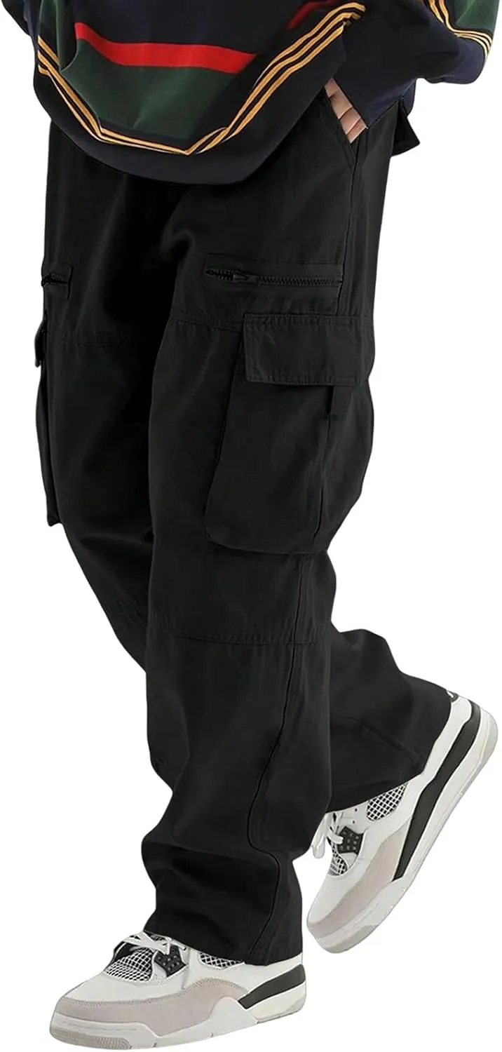Men's Casual Work Pants with Drawstring Multi-Pocket Straight Loose Fit Pants