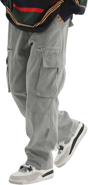 Men's Casual Work Pants with Drawstring Multi-Pocket Straight Loose Fit Pants