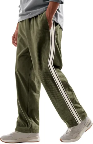 Mens Corduroy Sweatpants Drawstring Stretch Wide Leg Stripted Casual Vintage Classic Trousers Outdoor Athletic Pants