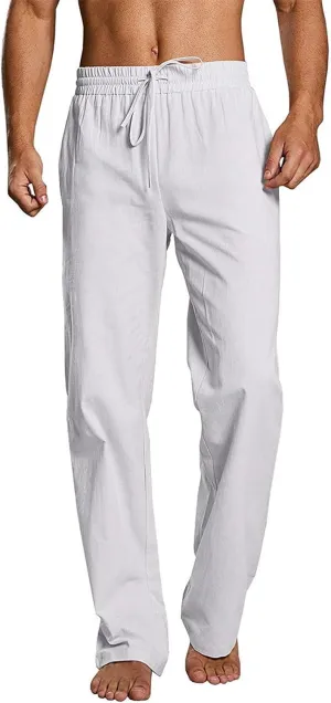 Mens Cotton Linen Pants Drawstring Elastic Waist Casual Trendy Breathable Solid Loose Fit Pants Outdoor Yoga Trousers