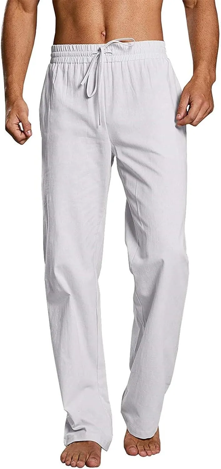Mens Cotton Linen Pants Drawstring Elastic Waist Casual Trendy Breathable Solid Loose Fit Pants Outdoor Yoga Trousers