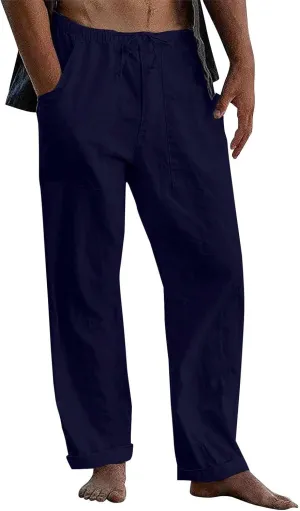 Men's Cotton Linen Pants Elastic Waist Drawstring Sweatpants with Pockets Casual Joggers Summer Beach Trousers